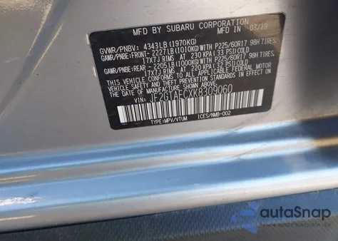 2019 Subaru Crosstrek 2.0I Premium from USA, damaged, VIN JF2GTAECXK8309060